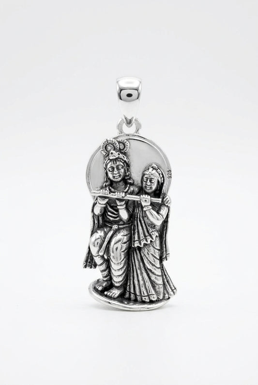925 Sterling Silver Oxidised Radha Krishna Flute Pendant