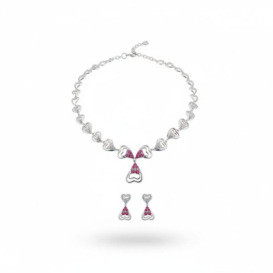 925 Sterling Silver Pink CZ Heart Necklace & Earrings Set