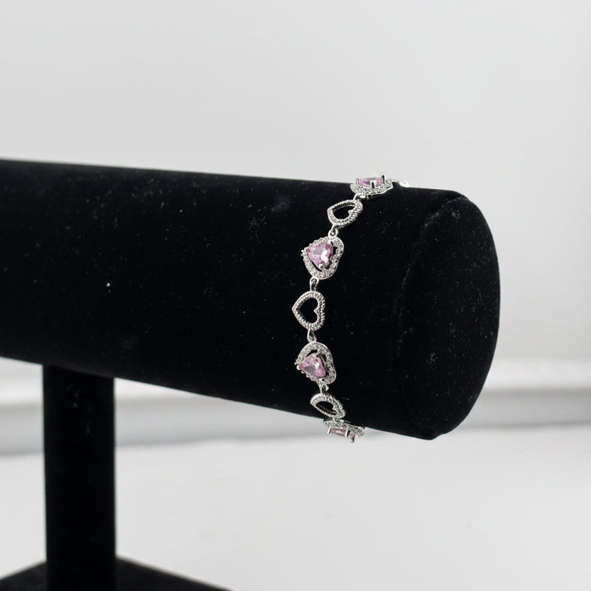 Sterling Silver (92.5% purity) Pink Heart CZ Bracelet