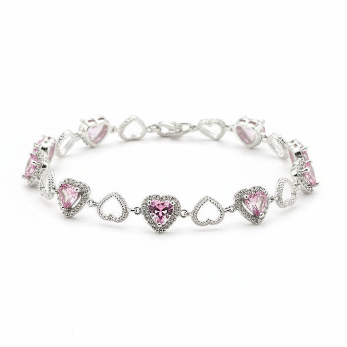 Sterling Silver (92.5% purity) Pink Heart CZ Bracelet