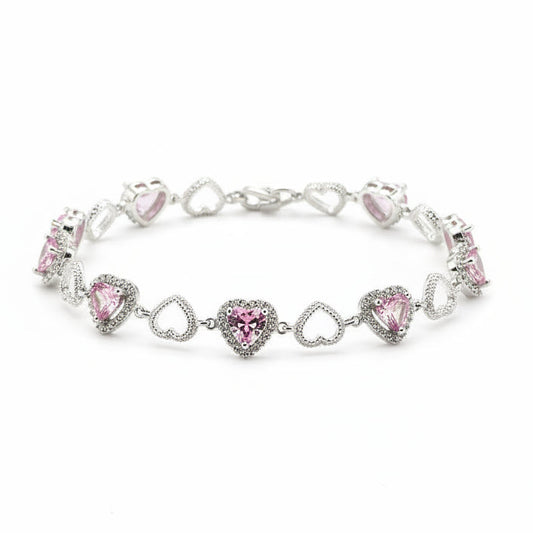 Sterling Silver (92.5% purity) Pink Heart CZ Bracelet