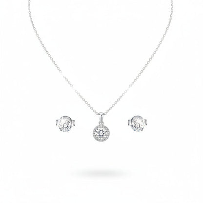 925 Sterling Silver Round Halo CZ Pendant and Earrings Set