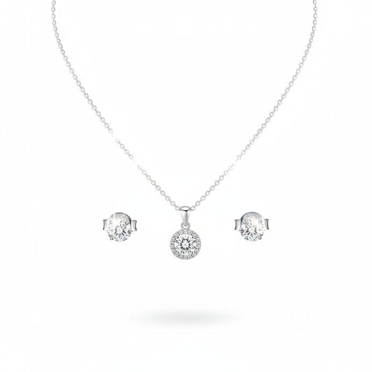 925 Sterling Silver Round Halo CZ Pendant and Earrings Set