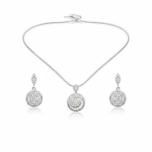 925 Sterling Silver Spiral CZ Necklace and Drop Earrings Set