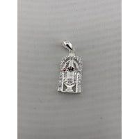 Load image into Gallery viewer, Front view of a silver-tone Tirupati Balaji temple pendant with clear stone accents
