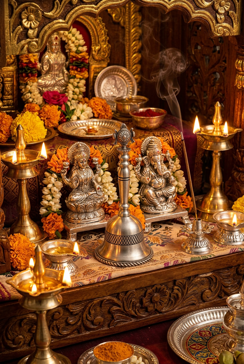 Silver Pooja Bell with Shell on the Handle – 110g