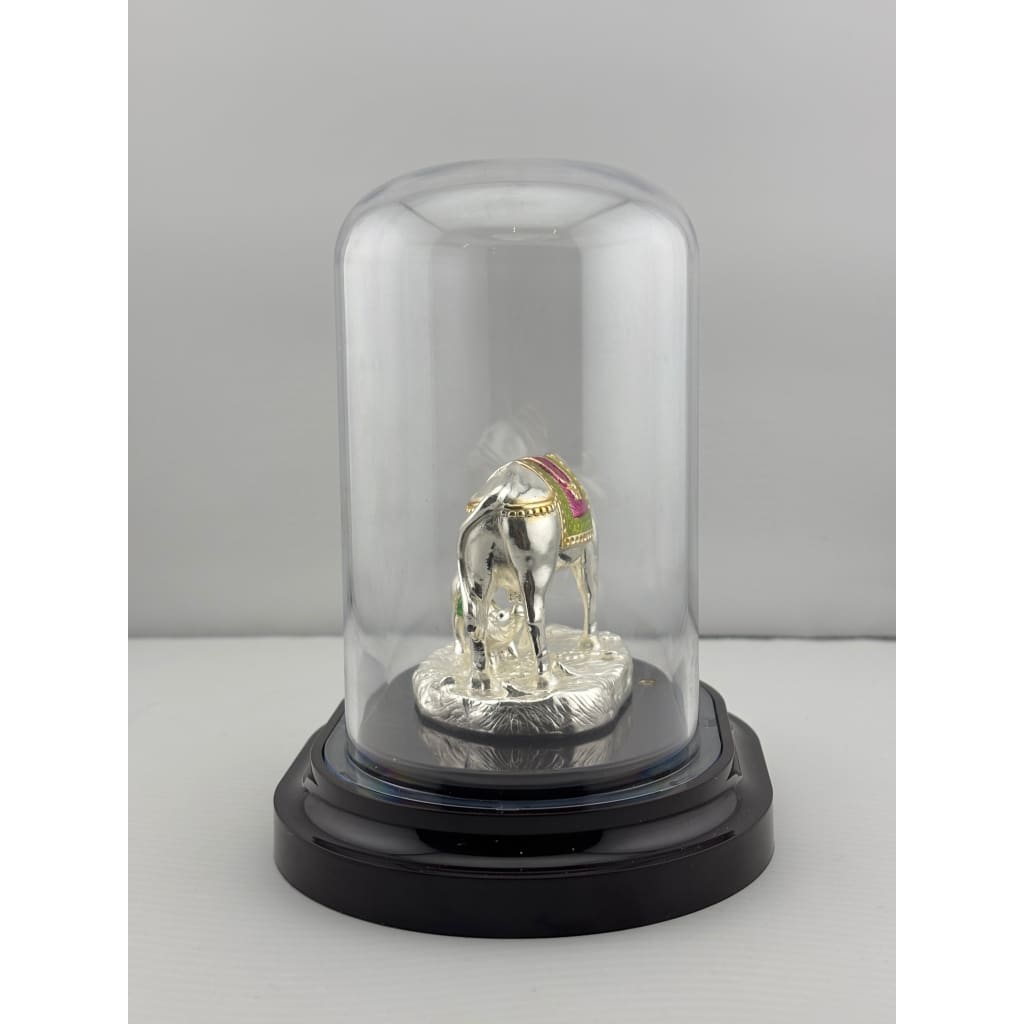 999 Pure Silver Cow & Calf Idol in Protective Acrylic Dome