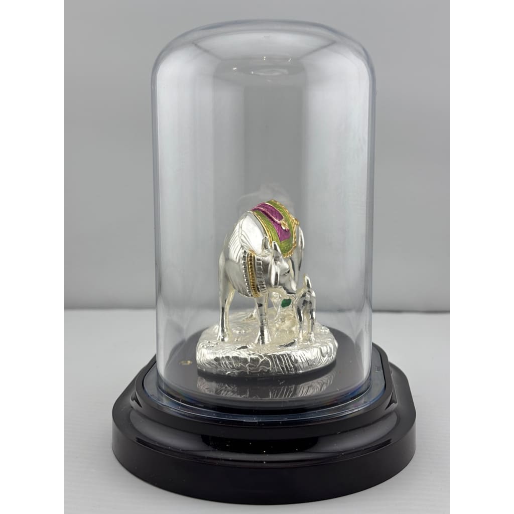 999 Pure Silver Cow & Calf Idol in Protective Acrylic Dome