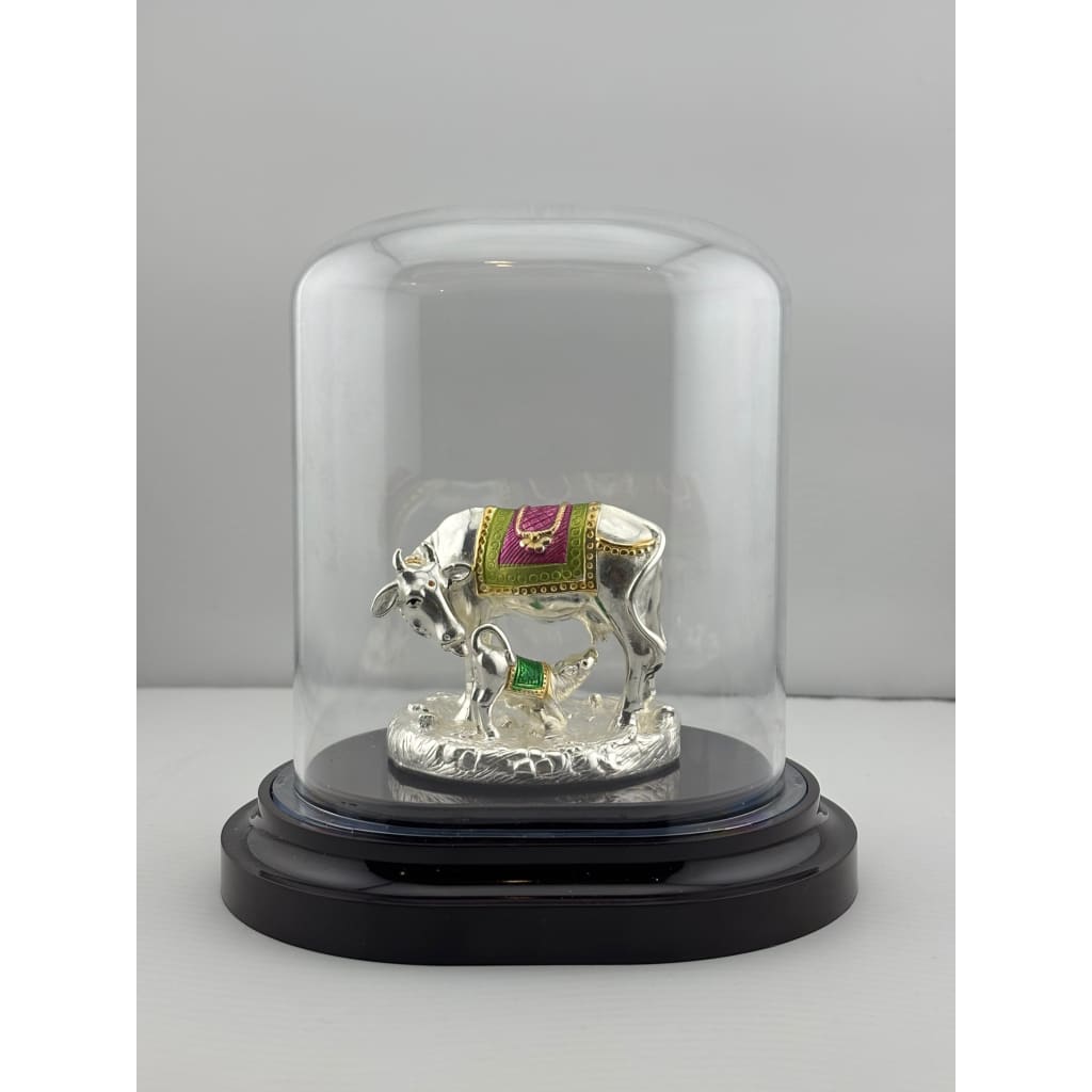 999 Pure Silver Cow & Calf Idol in Protective Acrylic Dome