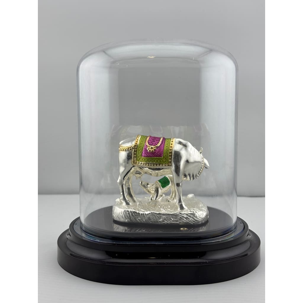 999 Pure Silver Cow & Calf Idol in Protective Acrylic Dome