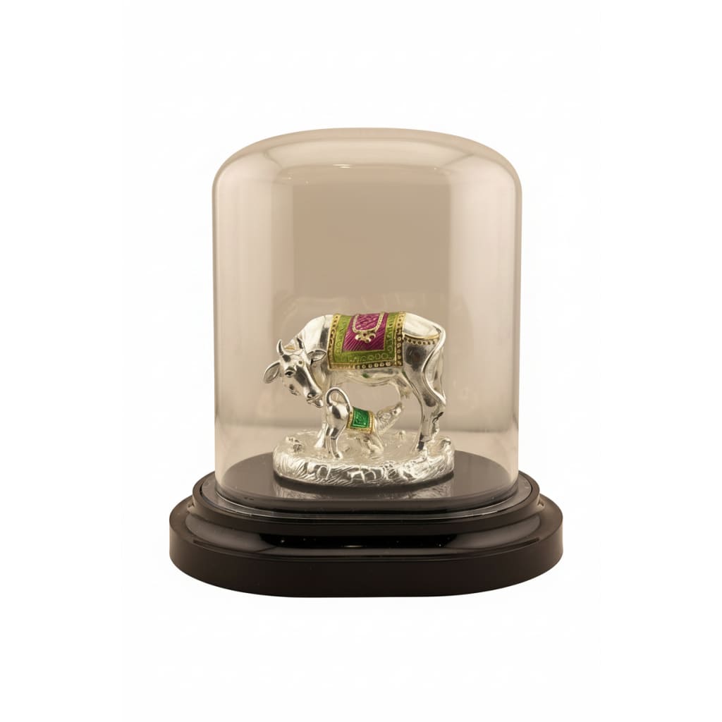 999 Pure Silver Cow & Calf Idol in Protective Acrylic Dome