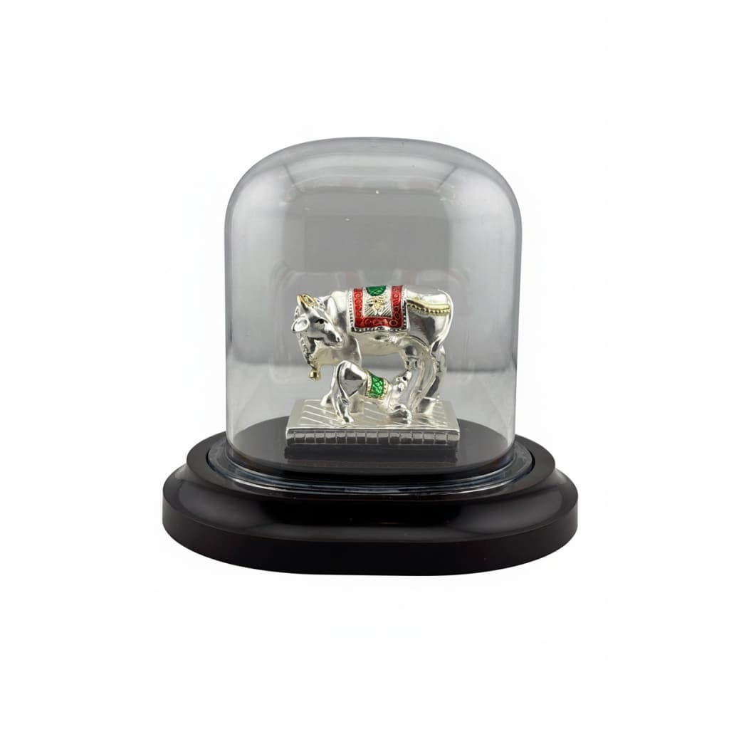 999 Pure Silver Cow & Calf Idol in Protective Acrylic Dome