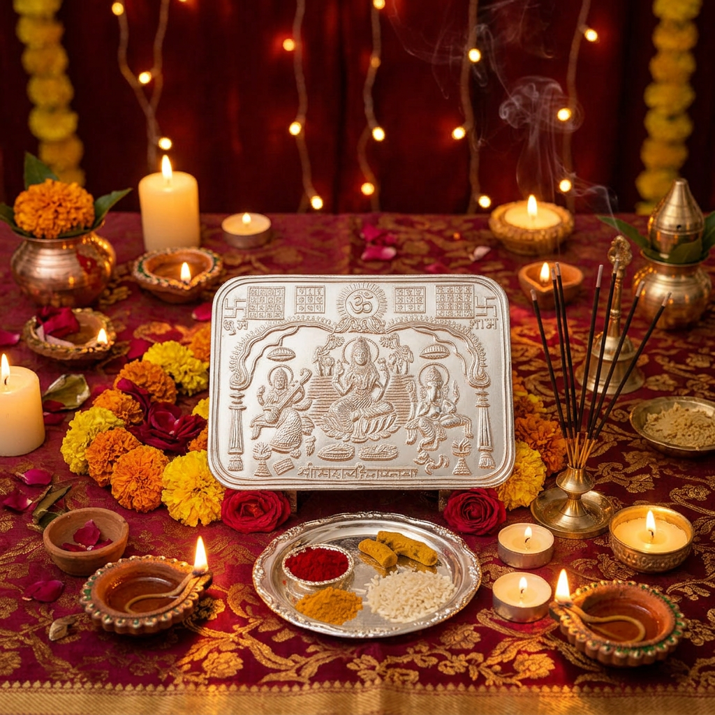 Silver Laxmi Ganesh Saraswati Yantra Plate (10g)