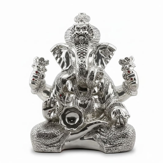 999 Pure Silver Lord Ganesha Idol with Modak & Ornate Crown