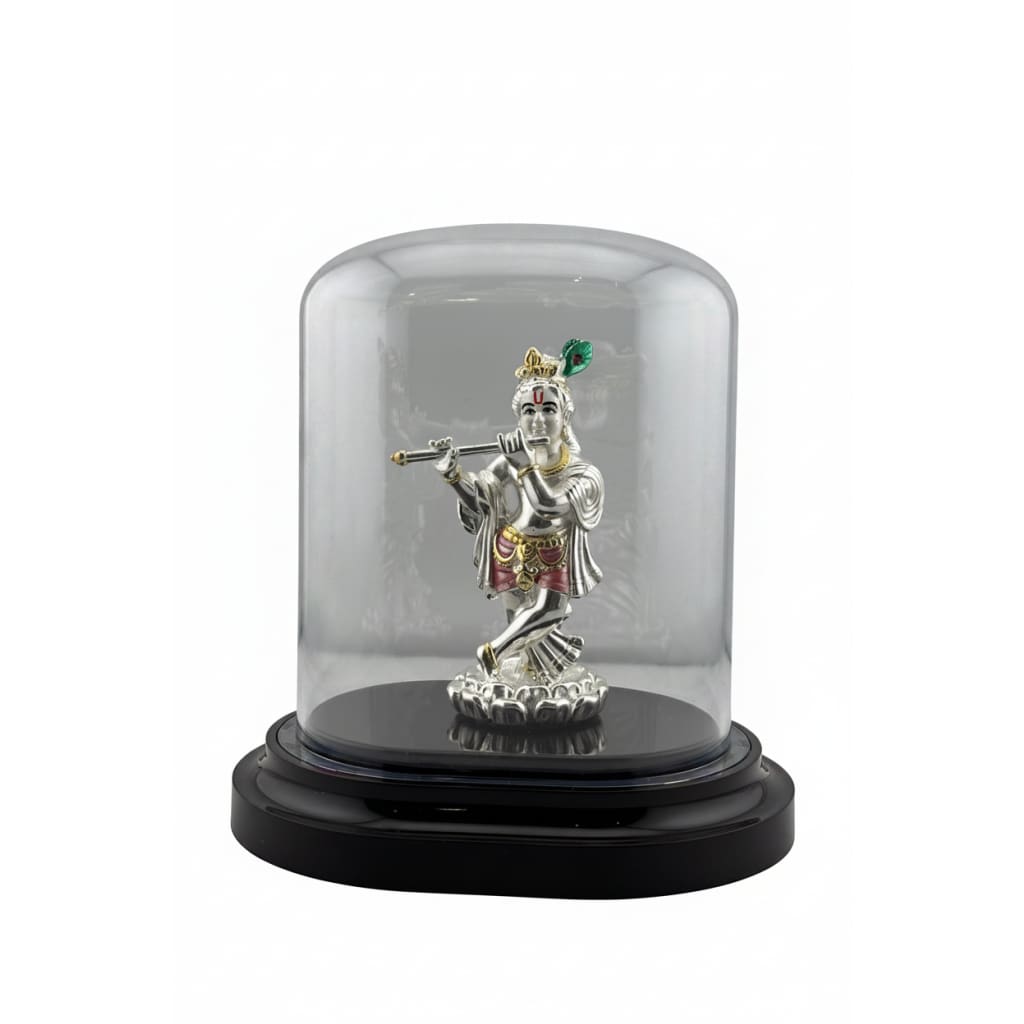 999 Pure Silver Lord Krishna with Flute Idol in Protective
