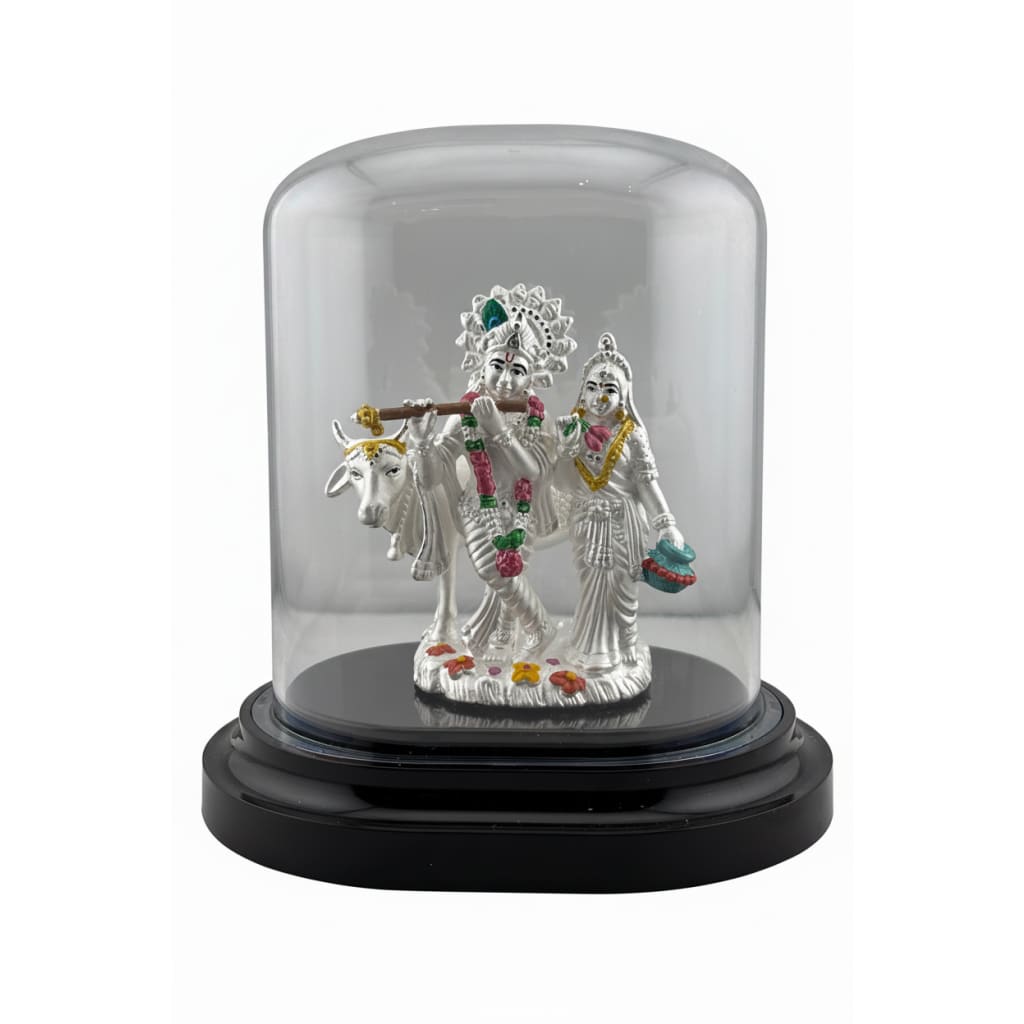 999 Pure Silver Radha Krishna Idol in Protective Acrylic