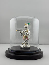 Load image into Gallery viewer, 999 Pure Silver Lord Krishna with Flute Idol in Protective Acrylic Dome – Divine Murali Manohar Murti for Home Mandir / 31G

