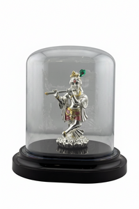 Load image into Gallery viewer, 999 Pure Silver Lord Krishna with Flute Idol in Protective Acrylic Dome – Divine Murali Manohar Murti for Home Mandir / 31G
