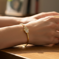 Load image into Gallery viewer, 925 Sterling Silver Gold Plated Hamsa Hand CZ Open Bangle Bracelet
