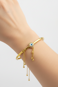 Load image into Gallery viewer, 925 Sterling Silver Gold Plated Evil Eye Charm Open Bangle Bracelet
