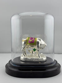 Load image into Gallery viewer, 999 Pure Silver Cow &amp; Calf Idol in Protective Acrylic Dome 42G– Sacred Gomata Murti for Home Mandir &amp; Gifting

