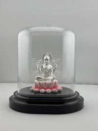 Load image into Gallery viewer, 999 Pure Silver Goddess Lakshmi Idol in Protective Acrylic Dome – Elegant Pink &amp; Silver Laxmi Murti for Pooja 35G
