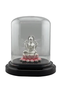 Load image into Gallery viewer, 999 Pure Silver Goddess Lakshmi Idol in Protective Acrylic Dome – Elegant Pink &amp; Silver Laxmi Murti for Pooja 35G
