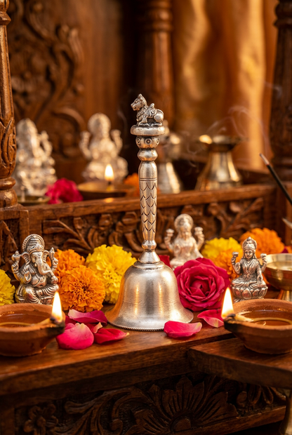 Silver Pooja Bell with Cow on the Handle – 72g