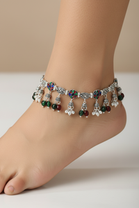 Load image into Gallery viewer, Tribal Floral Charm Silver Anklet – 99.9% Pure Silver – Multicolor Stone – Adjustable
