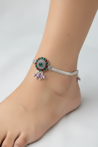 Load image into Gallery viewer, Royal Circle Kundan Silver Anklet – 99.9% Pure Silver – Multicolor Stones – Adjustable – 75g
