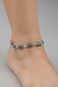 Load image into Gallery viewer, Oxidised Pink Stone Anklet – 925 Sterling Silver – Vintage Floral Link Design – 20g

