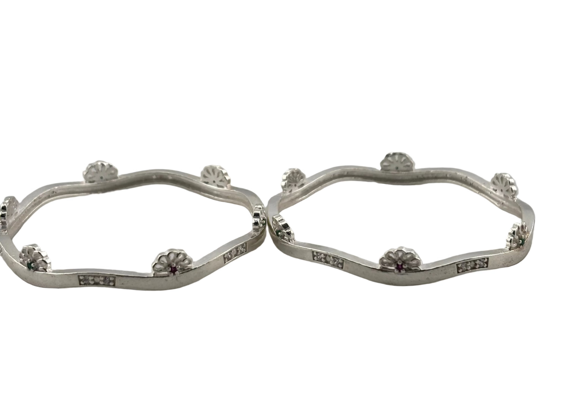 Kids Floral Stone Silver Kada – 925 Sterling Silver Baby Kada Pair