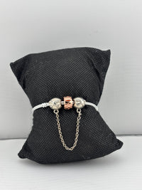 Load image into Gallery viewer, Bow Charm Silver Bracelet with Chain Drop – 925 Sterling Silver Kada with Rose Gold Accent Bead
