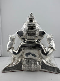 Load image into Gallery viewer, 999 Pure Silver Lord Ganesha Idol with Modak &amp; Ornate Crown – Ganpati Murti
