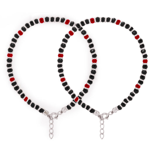 Red Accent Black Beaded Nazariya Anklet in 925 Sterling Silver | Dual Tone Protection Anklet (13.50g)