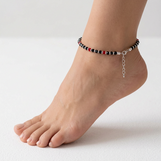 Red Accent Black Beaded Nazariya Anklet in 925 Sterling Silver | Dual Tone Protection Anklet (13.50g)