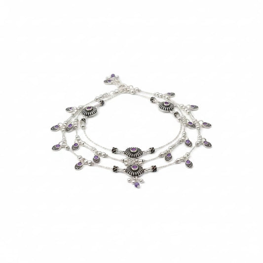 Beaded Charm Anklet – 925 Sterling Silver Purple Stone
