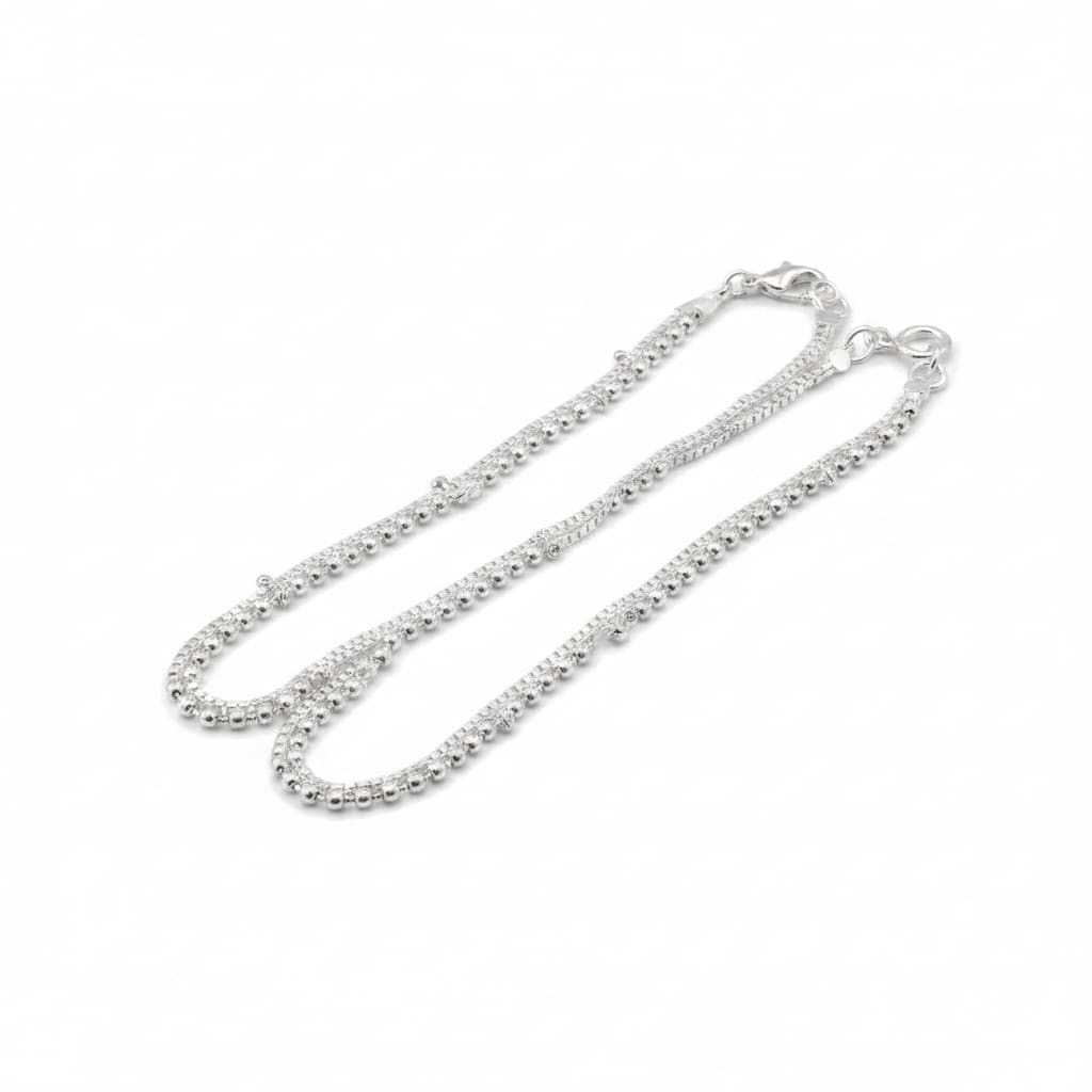 Beaded Double Chain Anklet – 925 Sterling Silver Adjustable