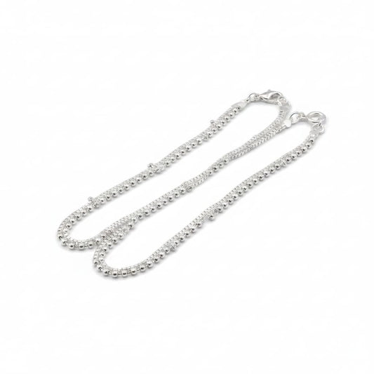Beaded Double Chain Anklet – 925 Sterling Silver Adjustable