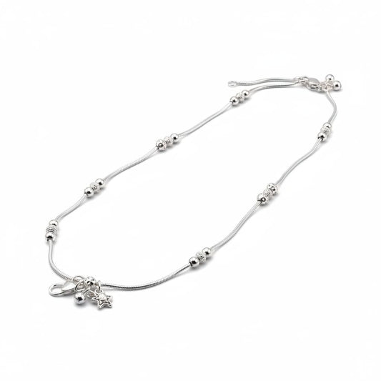 Beaded Snake Chain Silver Anklet – 99.9% Pure Adjustable