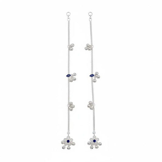 Blue Stone Silver Anklet – 925 Sterling Minimal Ghungroo &