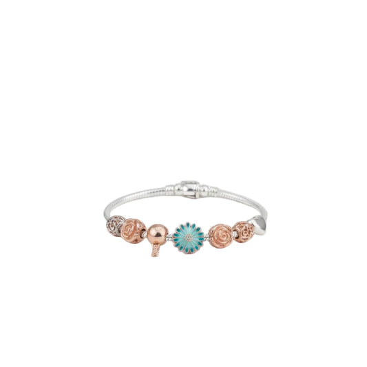Charm Bead Silver Bracelet – 925 Sterling Kada with Floral