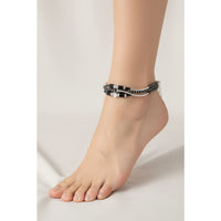 Load image into Gallery viewer, Curved Connector Black Beaded Nazariya Anklet in 925 Sterling Silver

