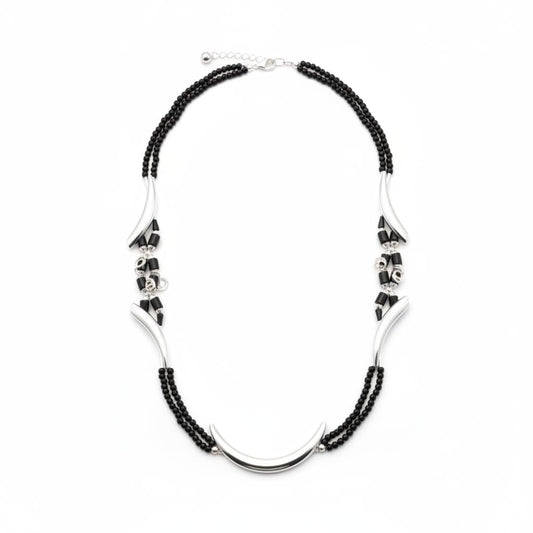 Curved Connector Black Beaded Nazariya Anklet in 925
