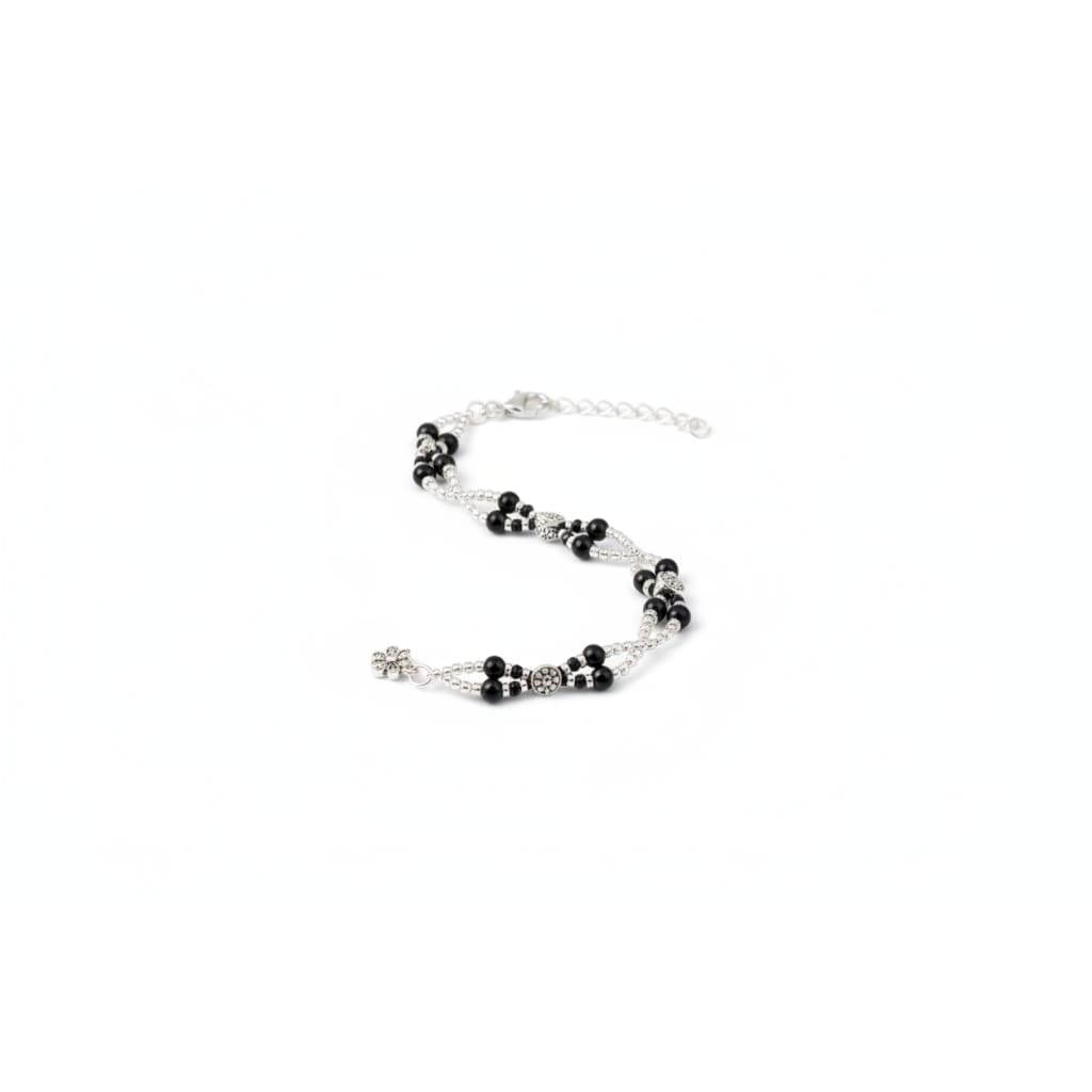 Designer Black Beaded Nazariya Anklet in 925 Sterling
