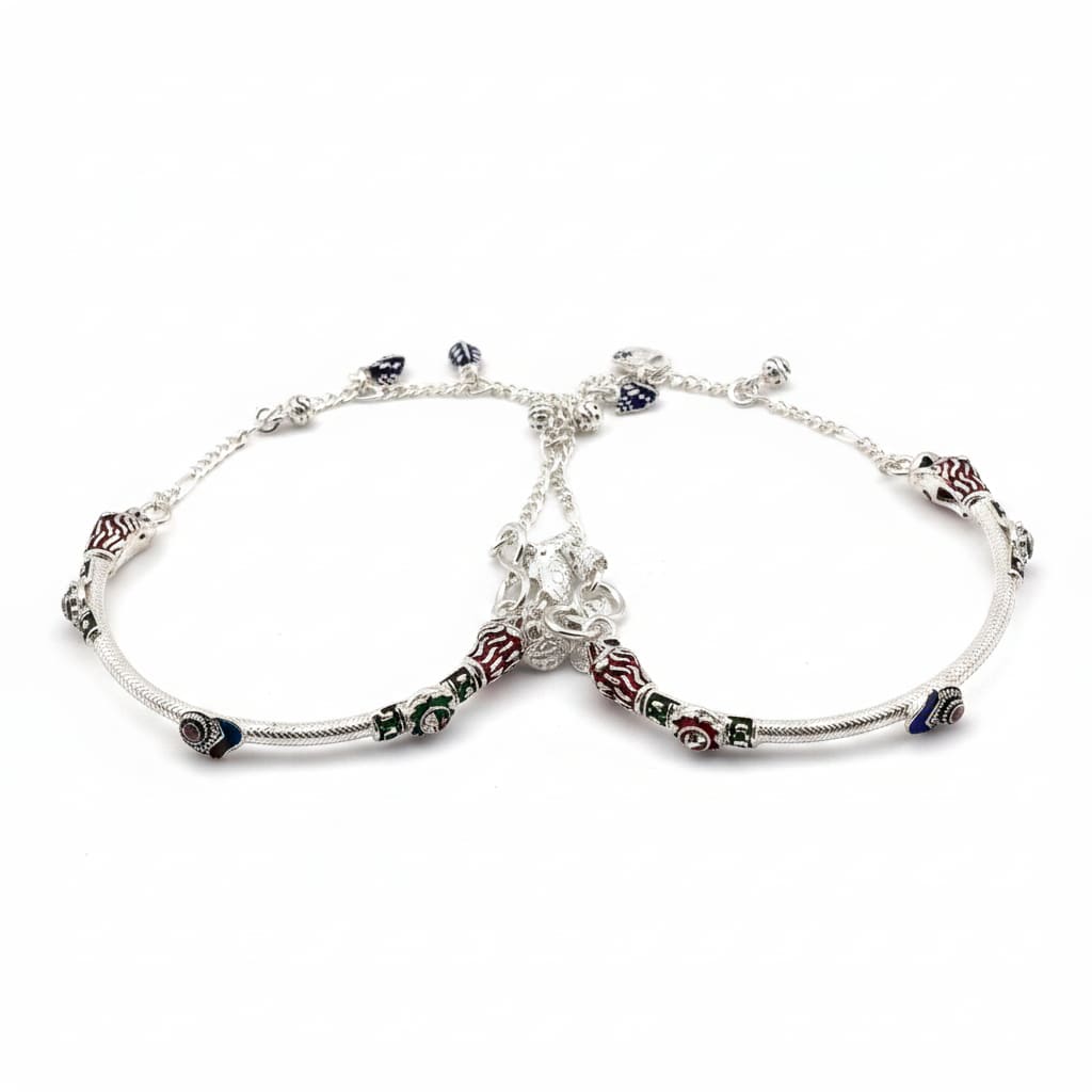 Designer Kada Anklet Pair in pure silver with Enamel Charms