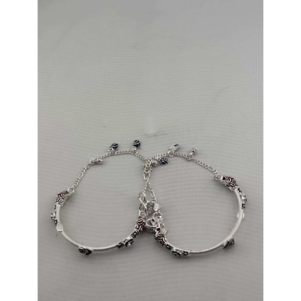 Designer Kada Anklet Pair in pure silver with Enamel Charms
