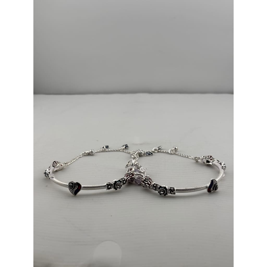 Designer Kada Anklet Pair in pure silver with Enamel Charms