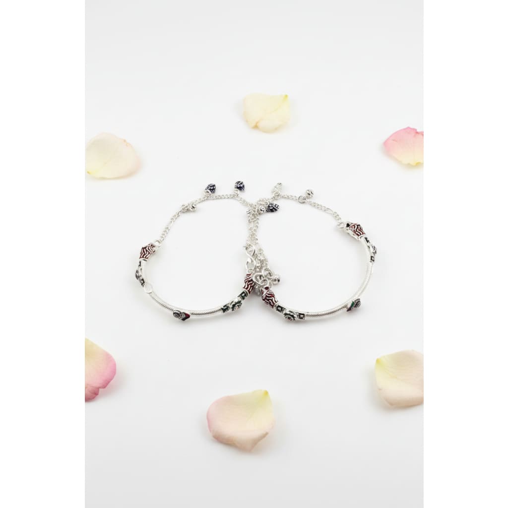 Designer Kada Anklet Pair in pure silver with Enamel Charms