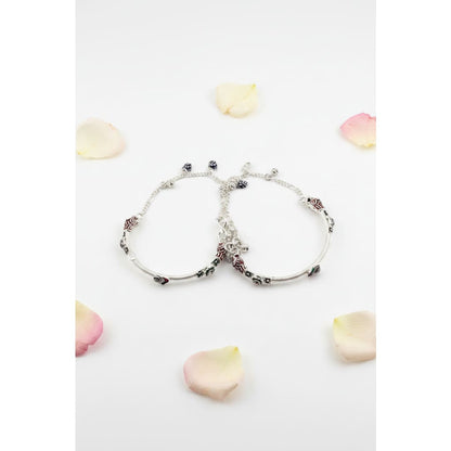 Designer Kada Anklet Pair in pure silver with Enamel Charms